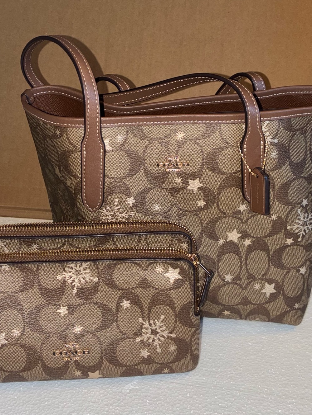 Coach Brown Signature Snowflake Tote and Zip Wristlet Set